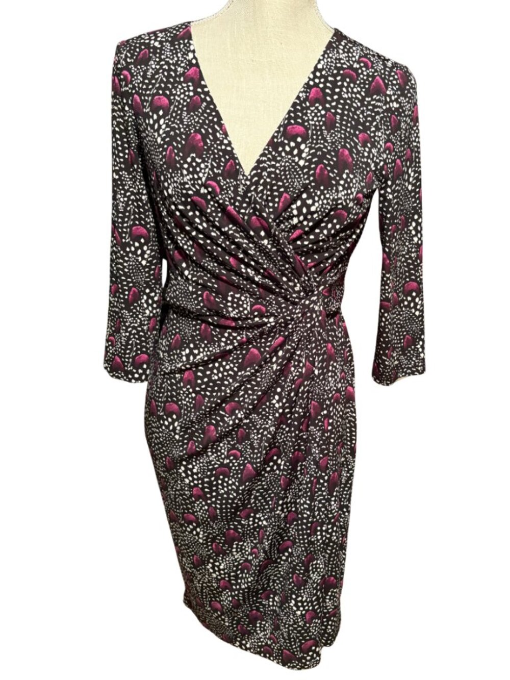 White House Black Market Ruched Faux Wrap Dress Size 4 Black Pink Sheath Stretch
